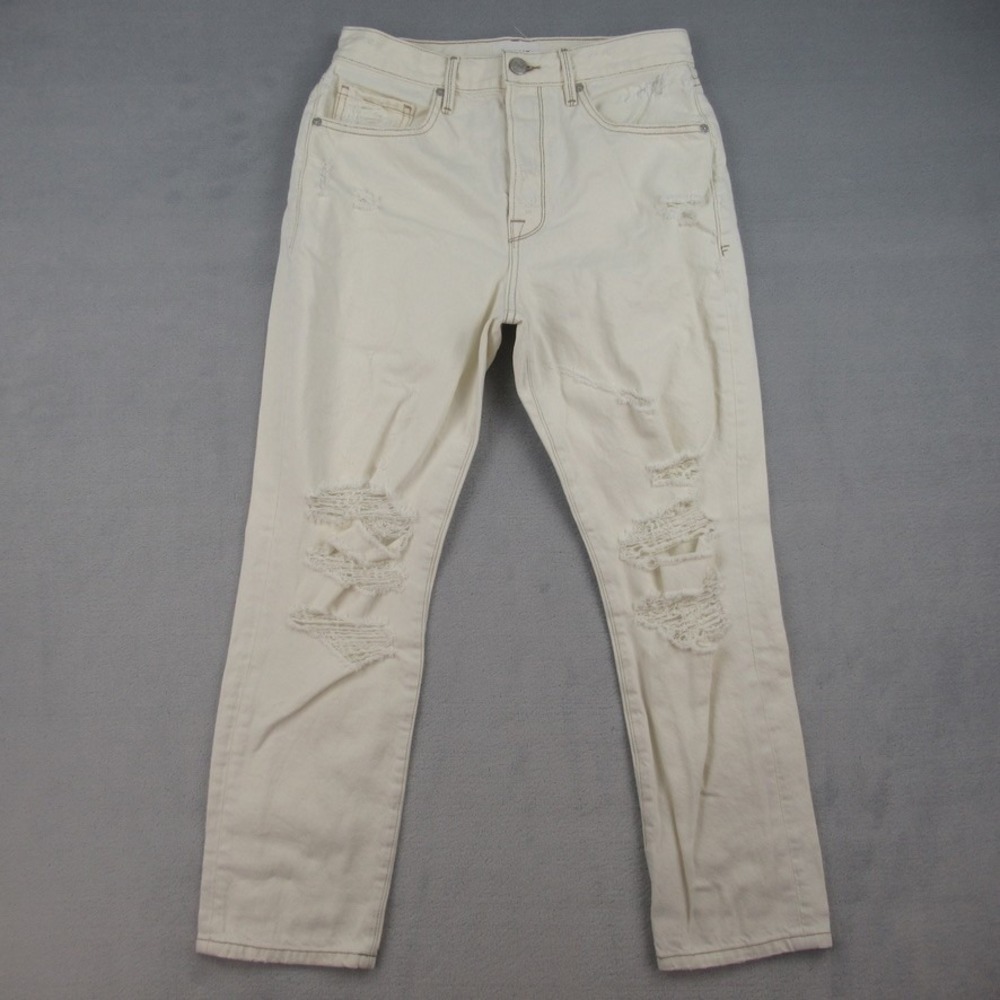 FRAME Le Original High Rise Straight Leg Jeans Off White Rips LOJ728R Size 28